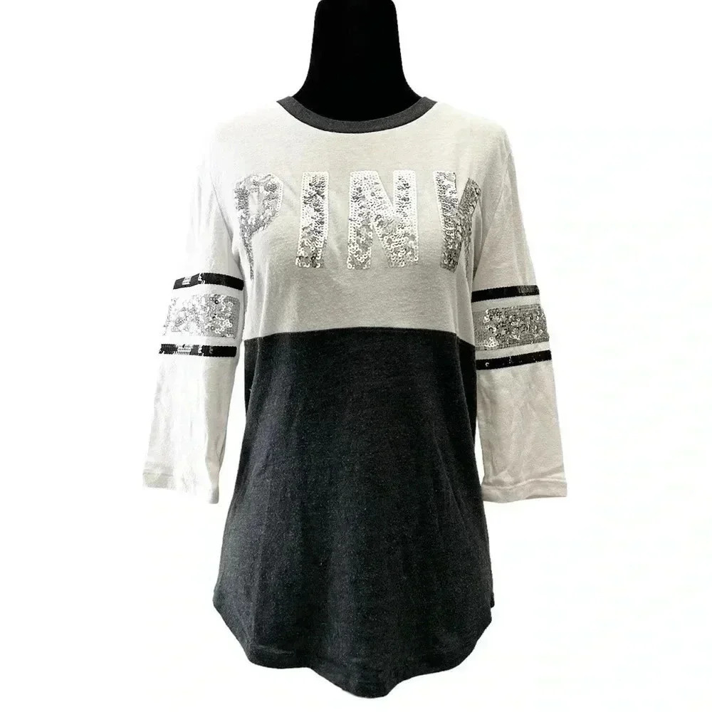 PINK Victoria’s Secret Sequin Top 3/4 Sleeve Baseball Tee White Black Size XS